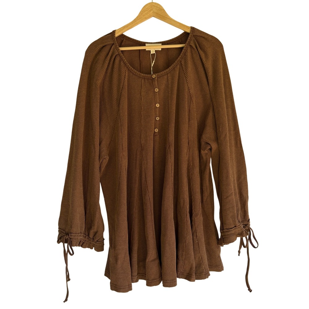 Oddi Brown Waffle Knit Henley Tunic Top 2XL IT14555P Tie Cuff Boho Thermal